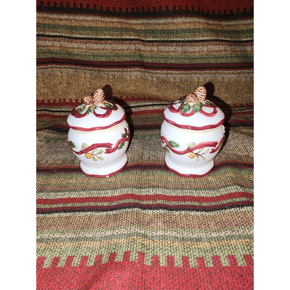 Collectible Bico Porcelain Salt & Pepper Shakers Pinecone Ribbon Flower Decor - Picture 2 of 8